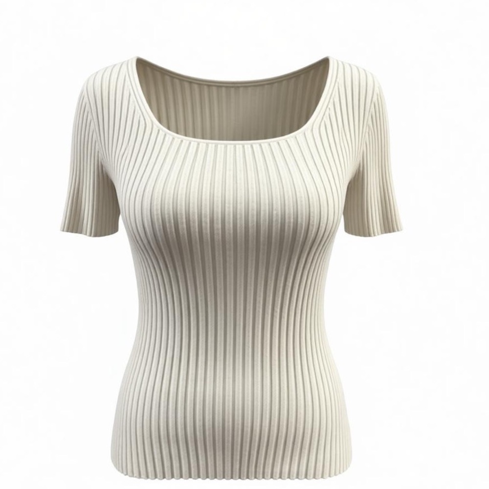 Zesica Cream Ivory Ribbed Knit Top S Square Neck Short Sleeve Stretchy Basic Tee
